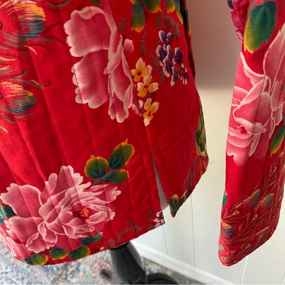 VTG Floral Peacock Mandarin Collar Jacket M 18”PTP Red Boho Chic Retro Artsy - Picture 8 of 16